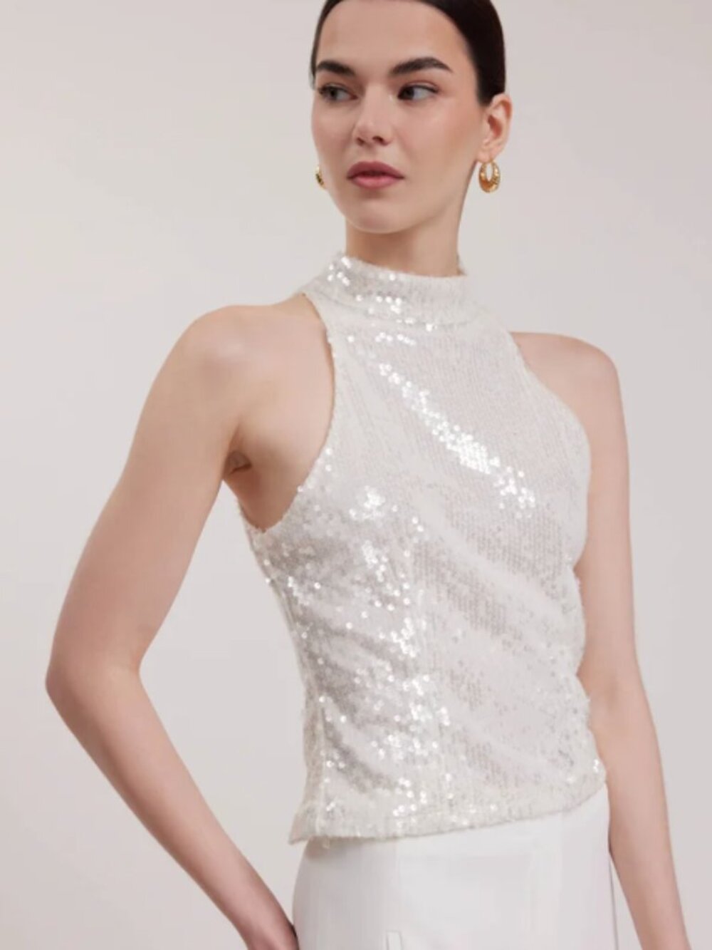 Anne Fontaine Rivage White Ivory Iridescent Sequin Halter Top Medium
